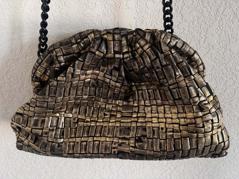 Maria La Rosa Metallic Gold Woven Clutch Shoulder Bag Chain Made in Italy